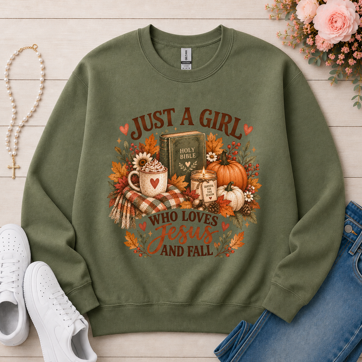 Just a Girl Who Loves Jesus and Fall Christian Crewneck Sweatshirt in Military Green