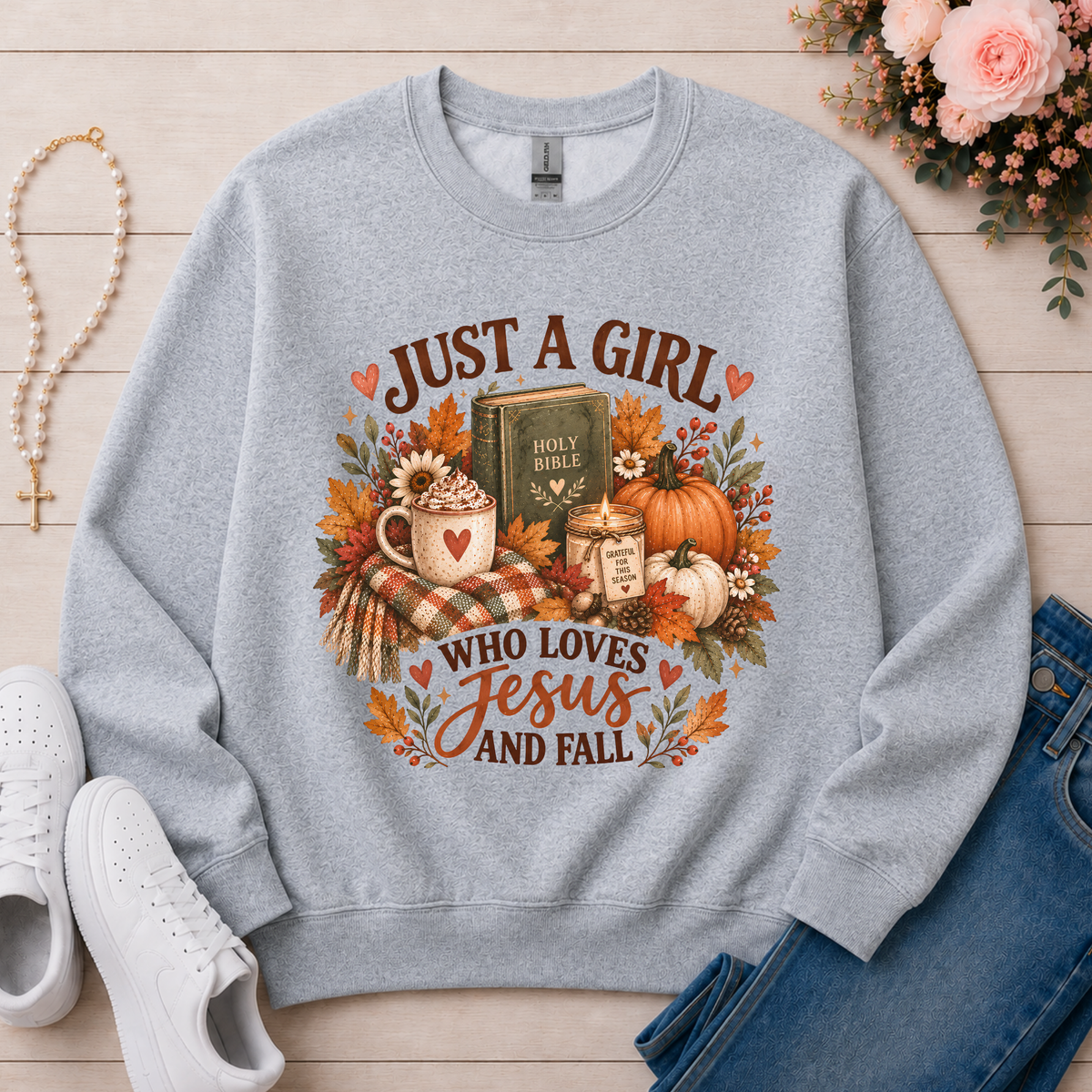 Just a Girl Who Loves Jesus and Fall Christian Crewneck Sweatshirt in Sport Grey