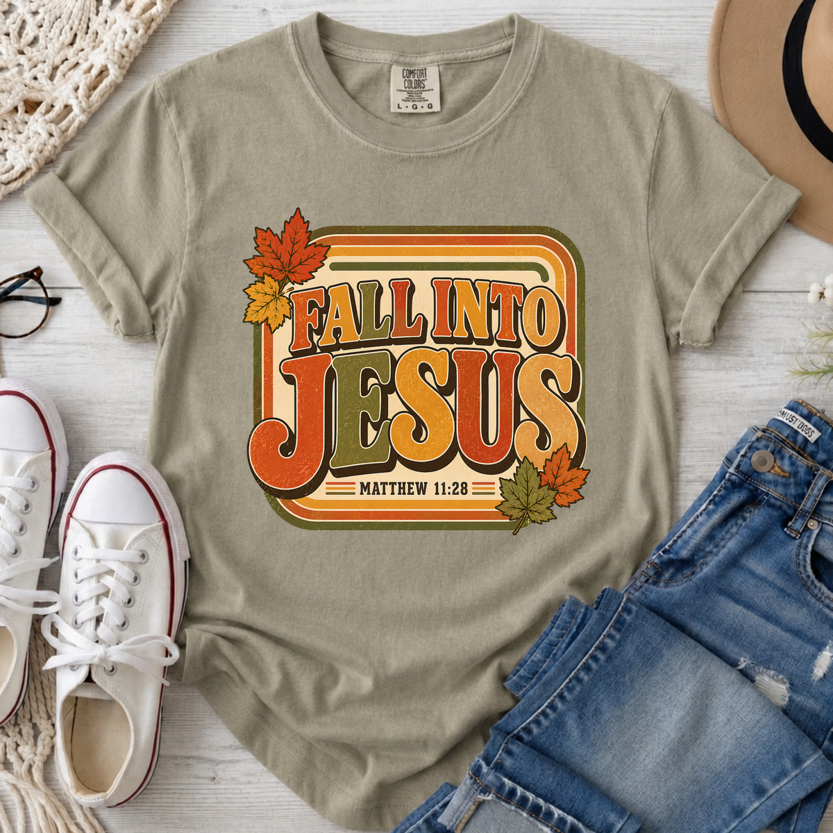 Fall Into Jesus Christian Comfort Colors T-Shirt in Khaki