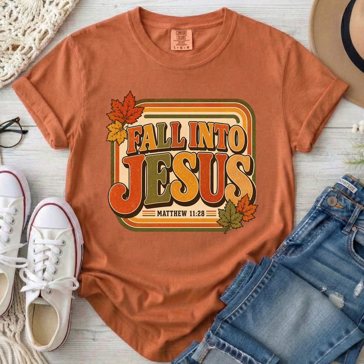 Fall Into Jesus Christian Comfort Colors T-Shirt in Yam