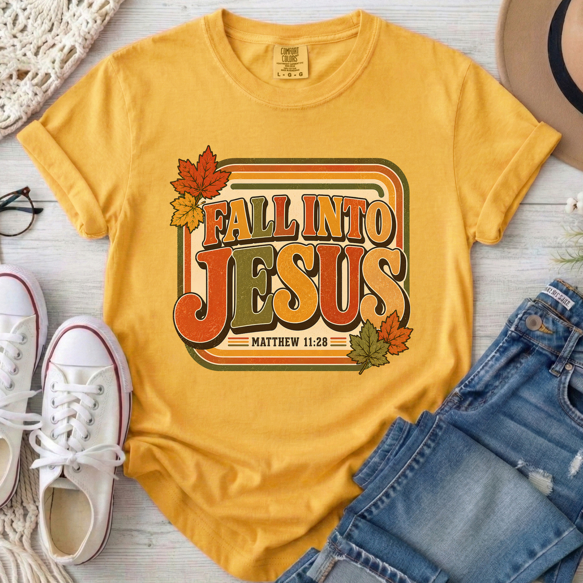 Fall Into Jesus Christian Comfort Colors T-Shirt in Mustard