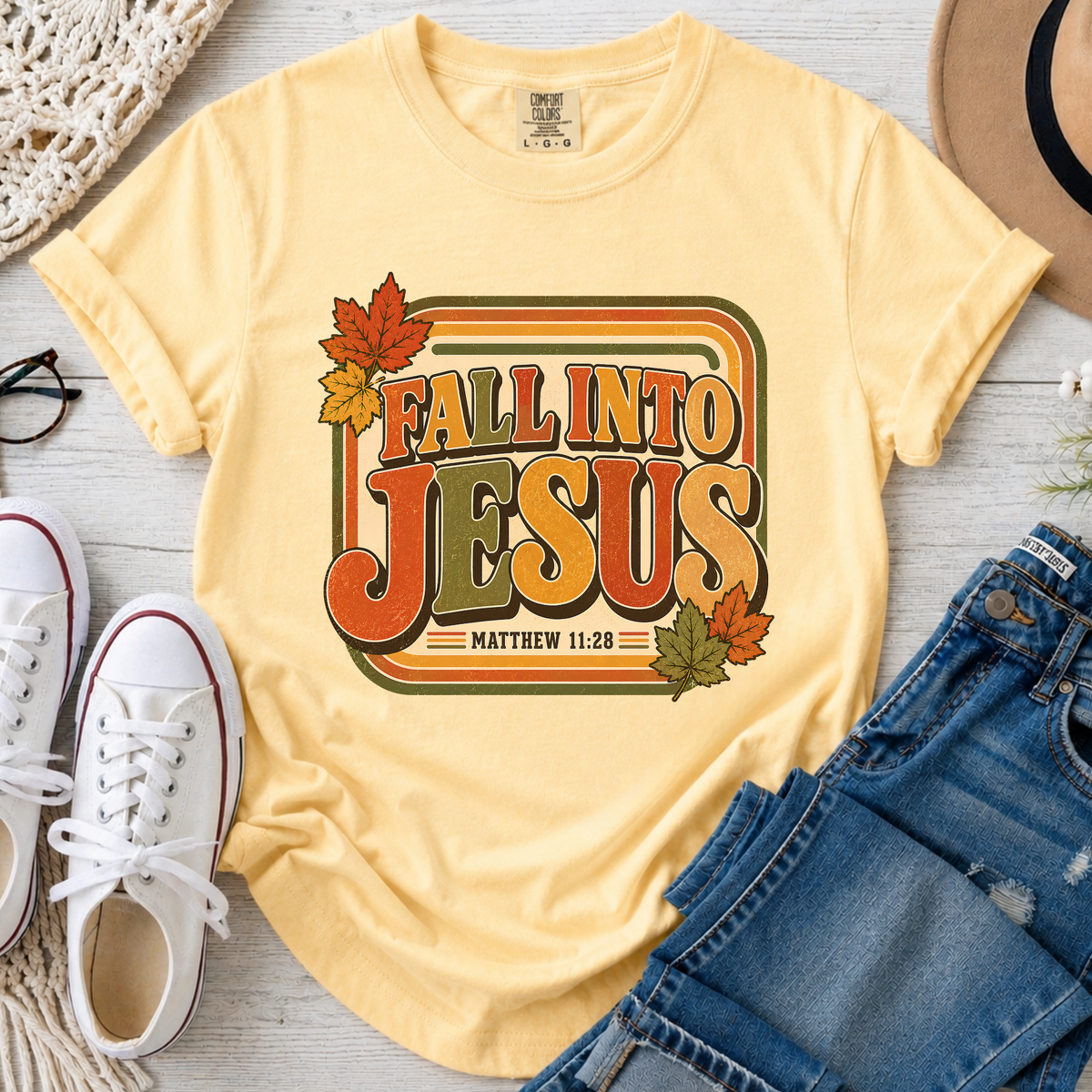 Fall Into Jesus Christian Comfort Colors T-Shirt in Butter
