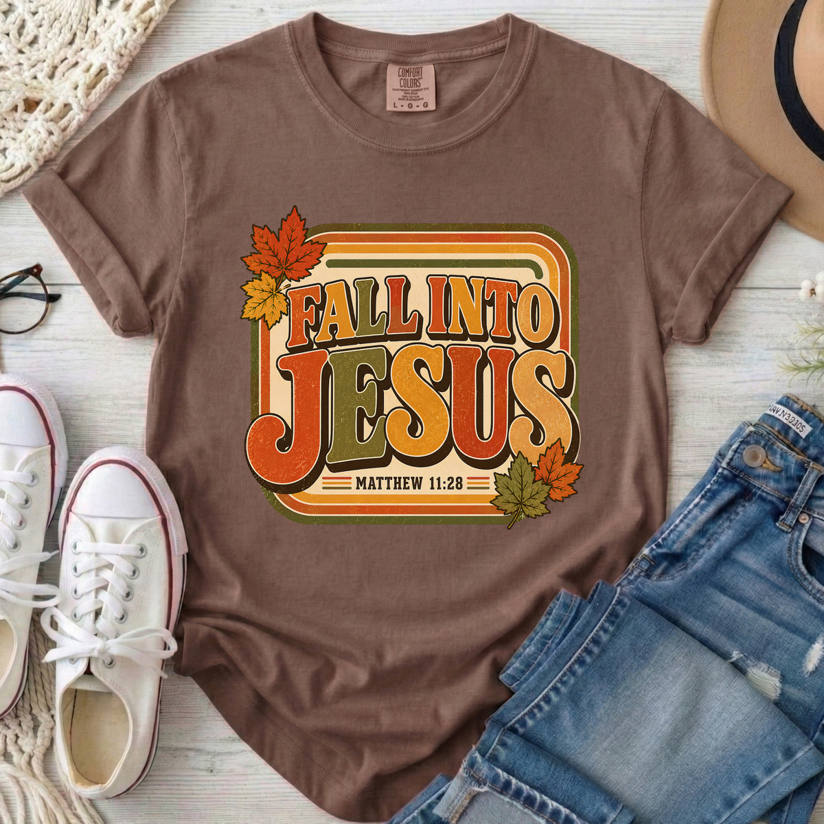 Fall Into Jesus Christian Comfort Colors T-Shirt in Espresso