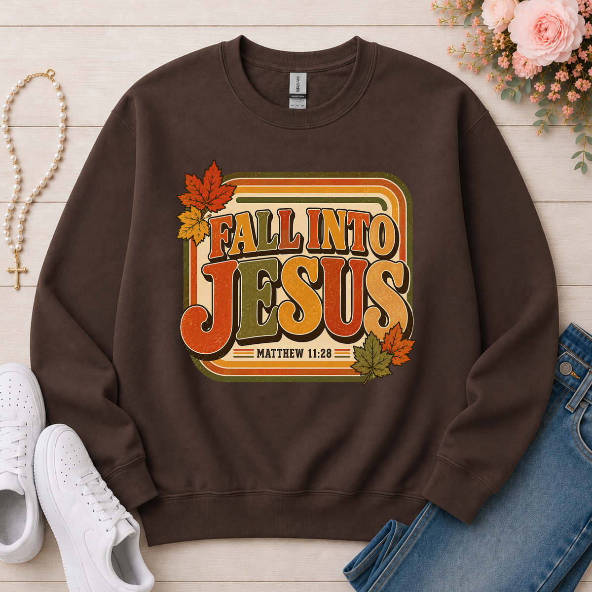 Fall Into Jesus Christian Crewneck Sweatshirt in Dark Chocolate