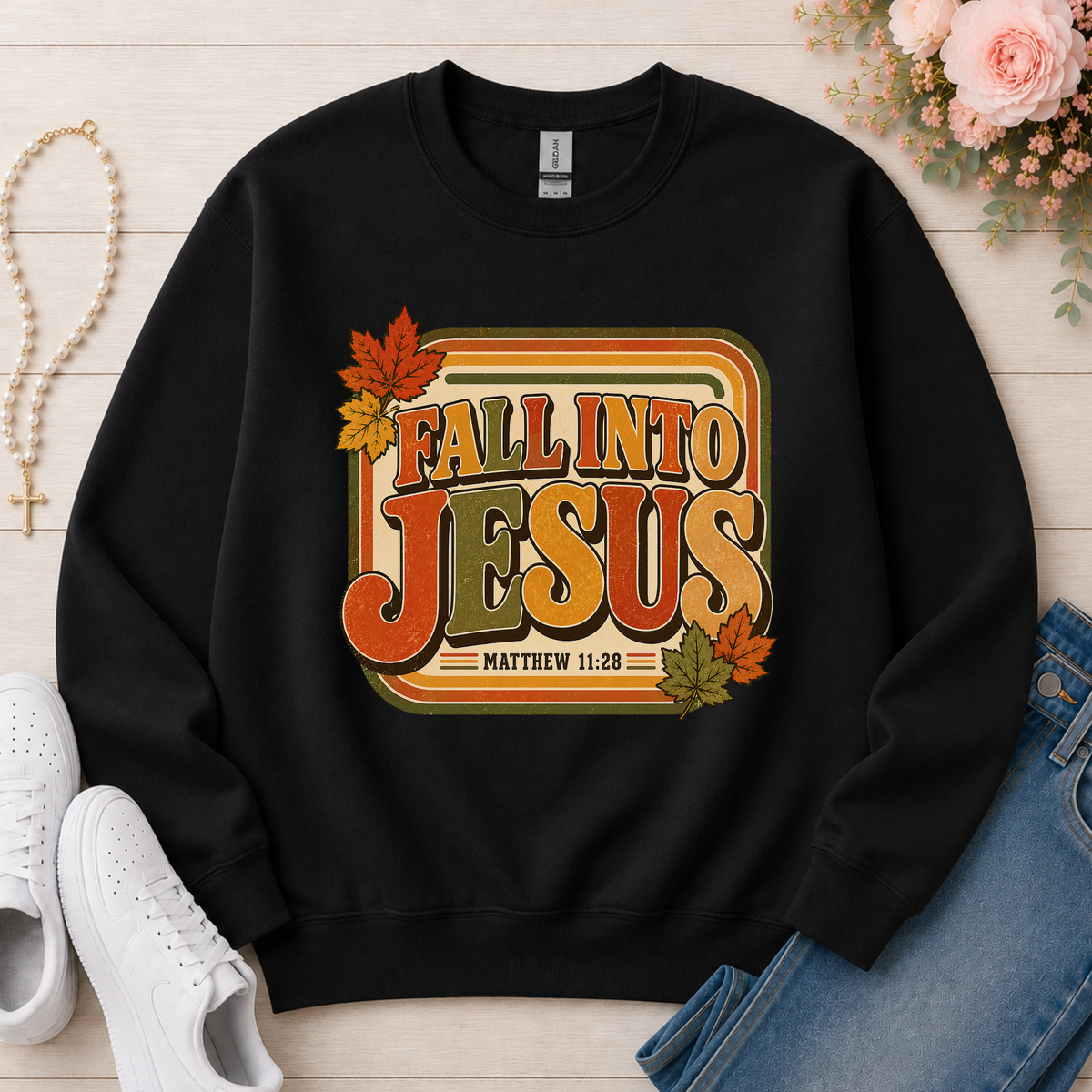 Fall Into Jesus Christian Crewneck Sweatshirt in Black