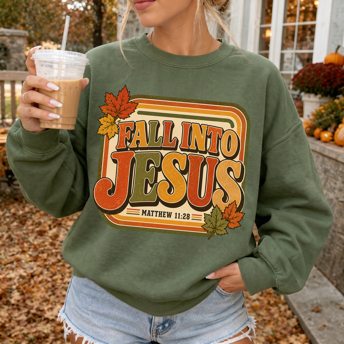 Woman wearing Fall Into Jesus Christian Crewneck Sweatshirt in Military Green