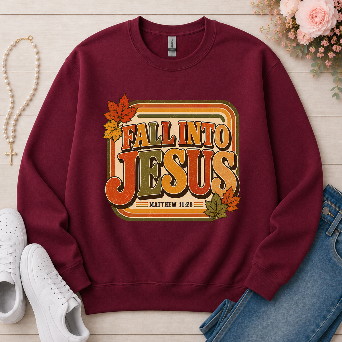 Fall Into Jesus Christian Crewneck Sweatshirt in Maroon