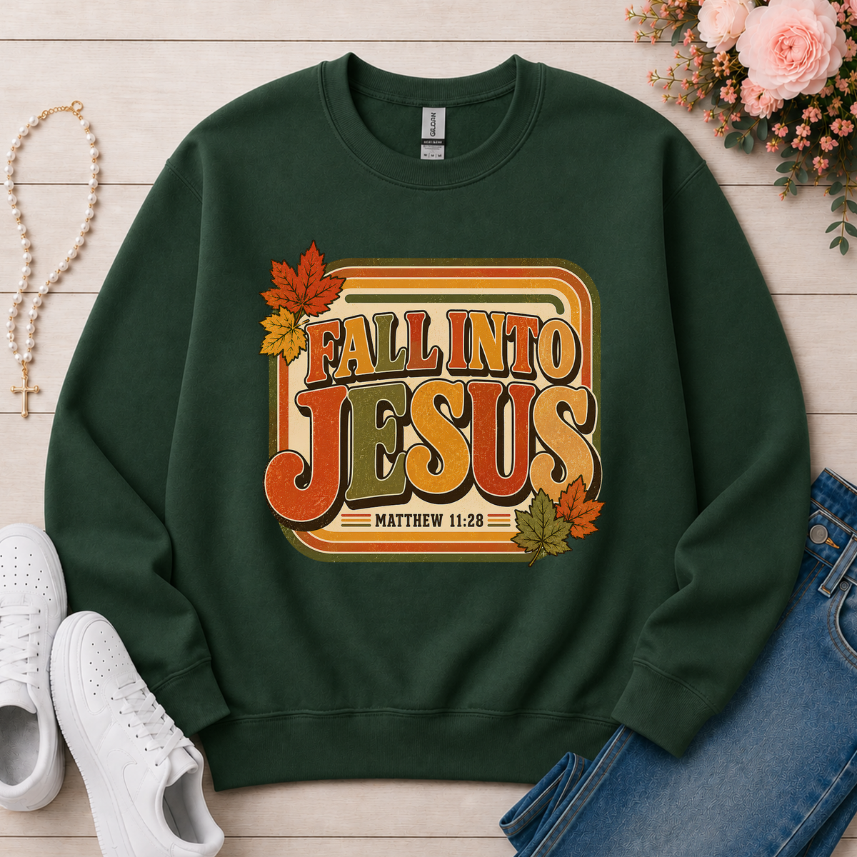 Fall Into Jesus Christian Crewneck Sweatshirt in Forest Green