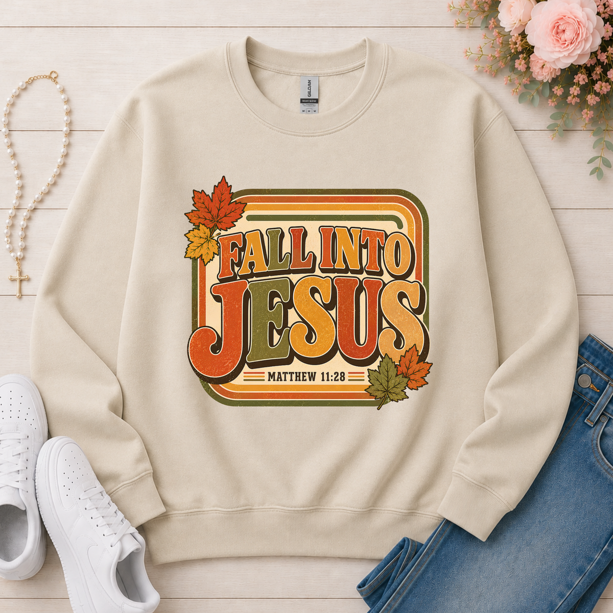Fall Into Jesus Christian Crewneck Sweatshirt in Sand