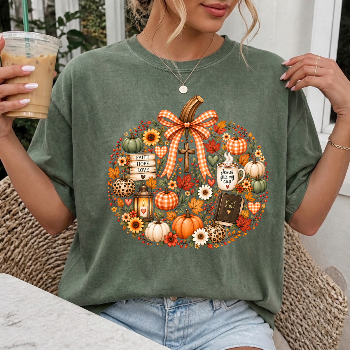 Woman wearing Faithful Fall Christian Comfort Colors T-Shirt in Moss