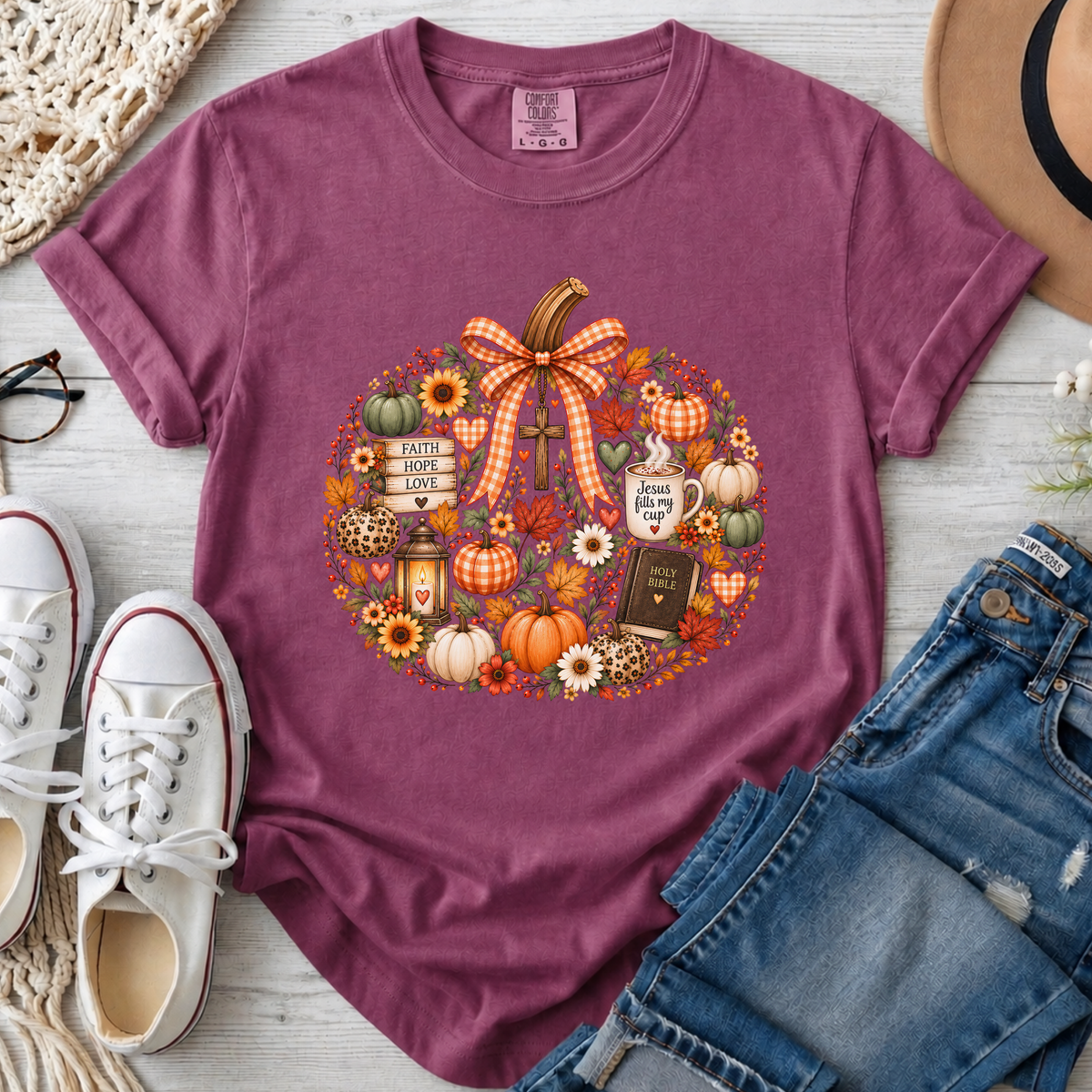 Faithful Fall Christian Comfort Colors T-Shirt in Berry