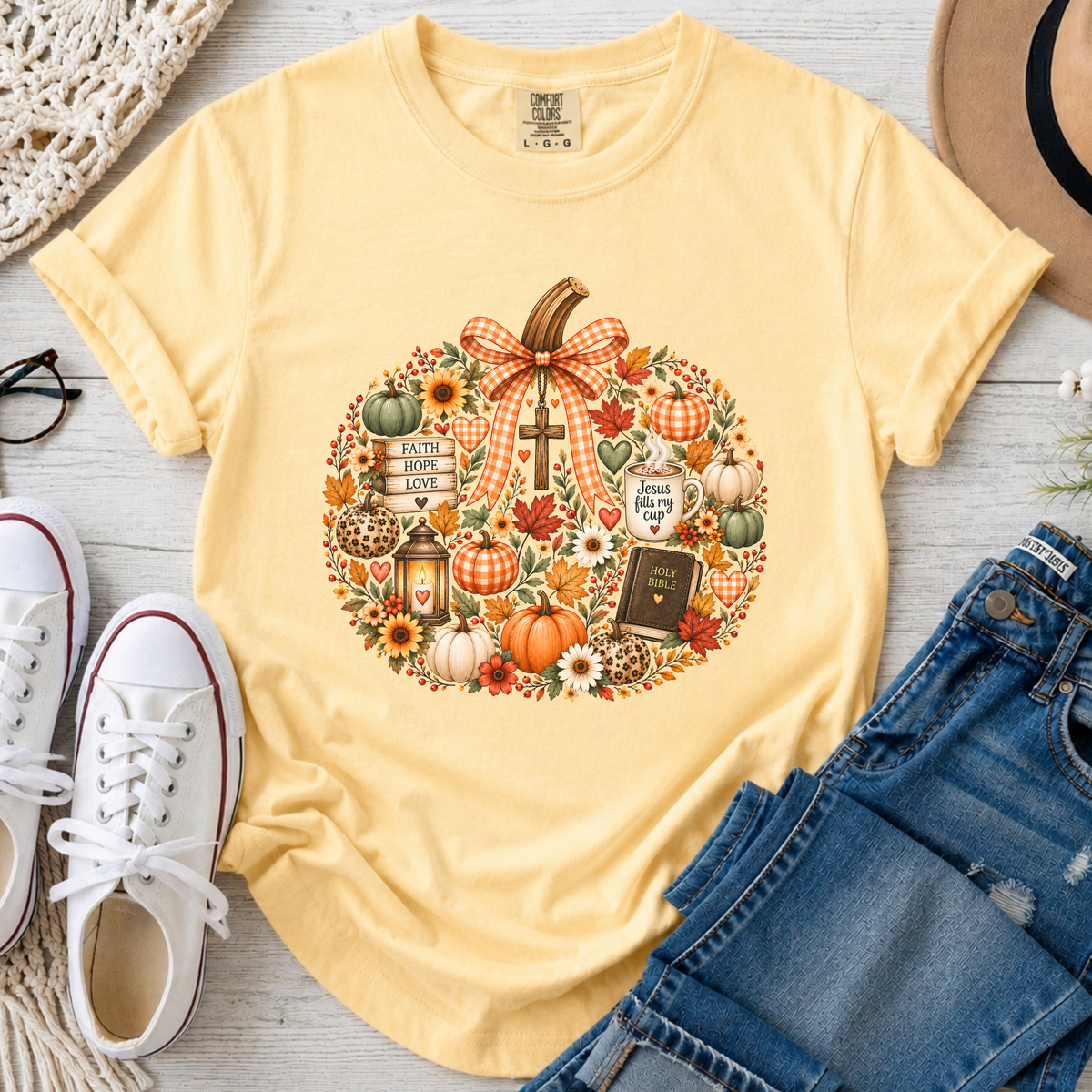 Faithful Fall Christian Comfort Colors T-Shirt in Butter