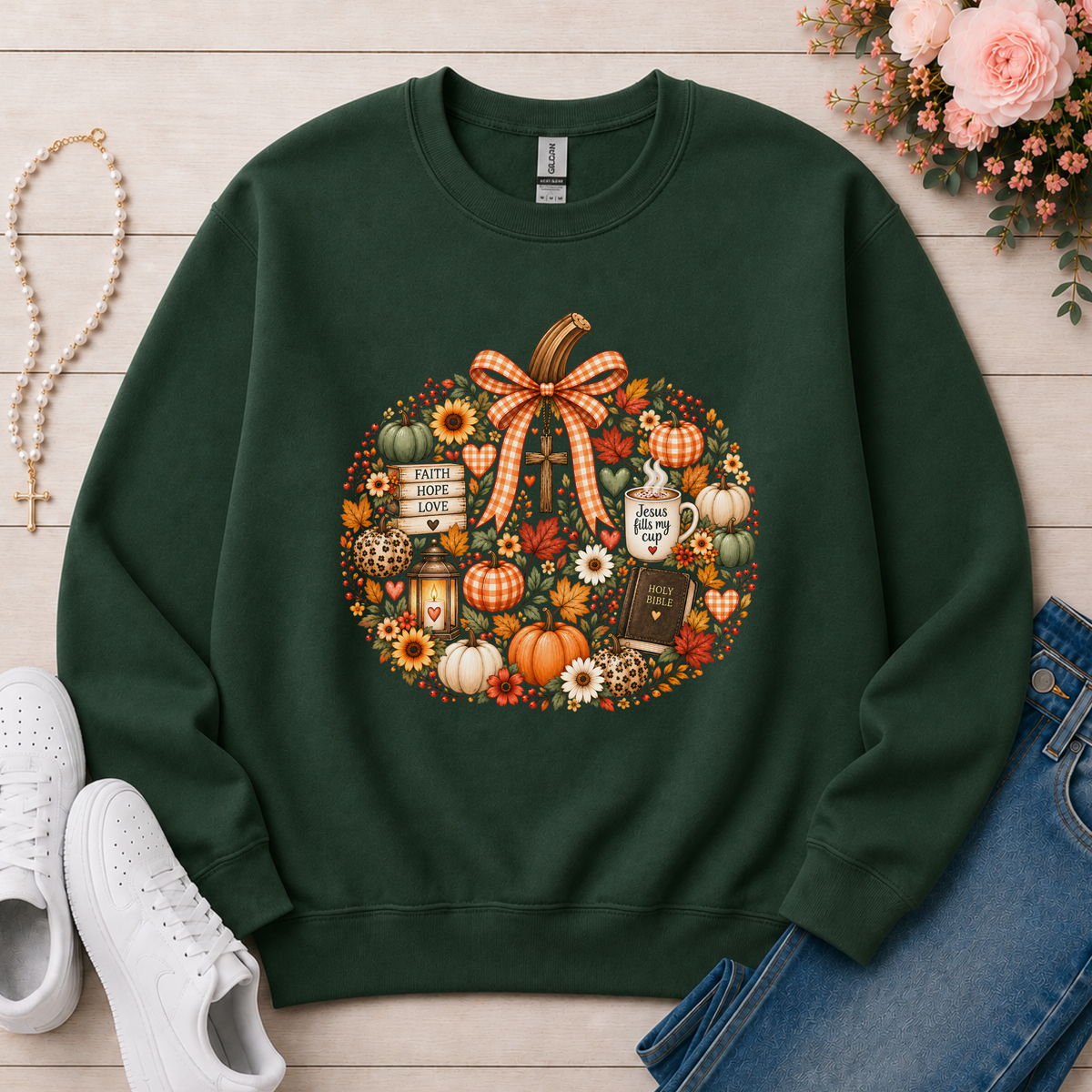 Faithful Fall Christian Crewneck Sweatshirt in Forest Green
