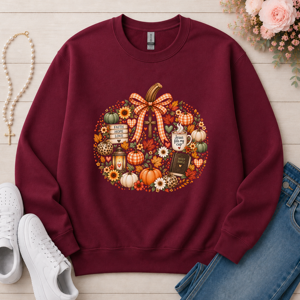 Faithful Fall Christian Crewneck Sweatshirt in Maroon