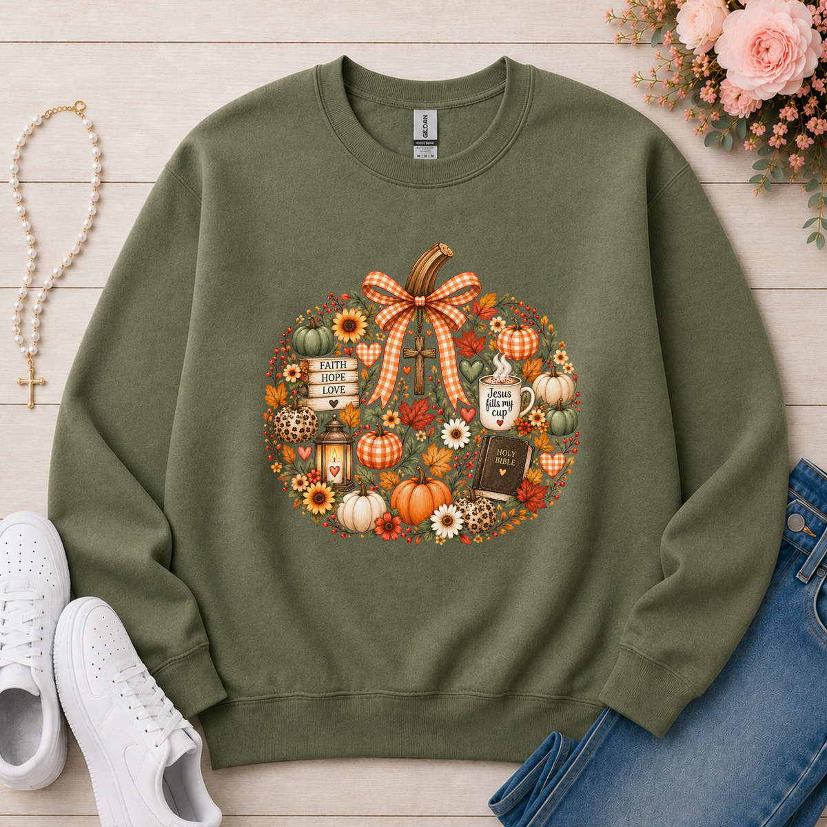 Faithful Fall Christian Crewneck Sweatshirt in Military Green