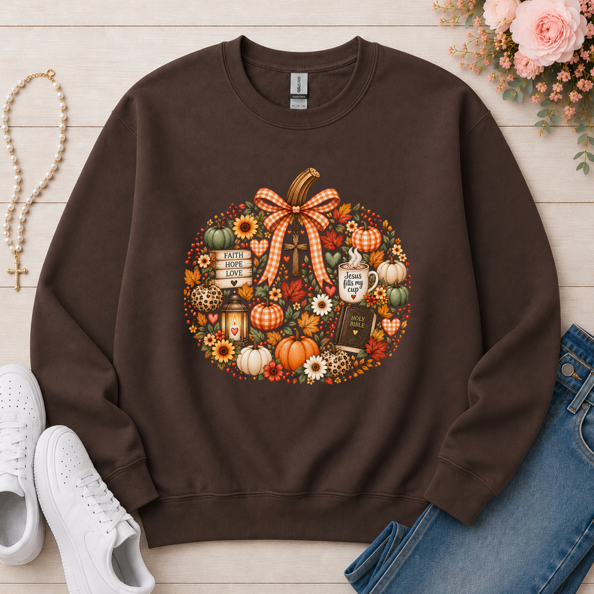 Faithful Fall Christian Crewneck Sweatshirt in Dark Chocolate