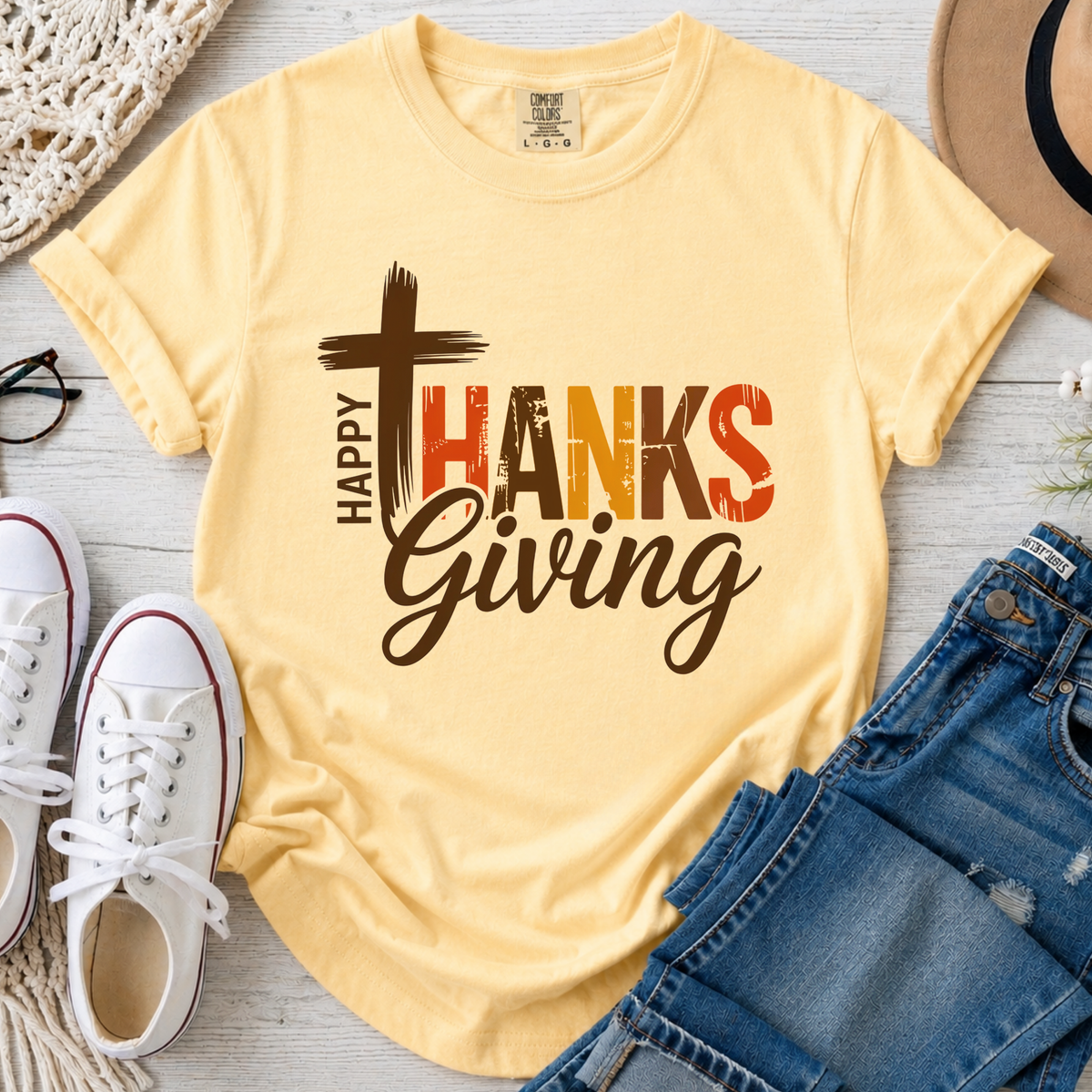Happy Thanksgiving Christian Comfort Colors T-Shirt in Butter