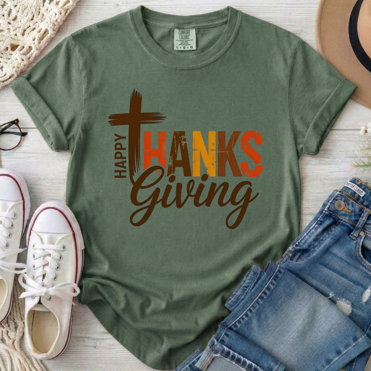 Happy Thanksgiving Christian Comfort Colors T-Shirt in Moss