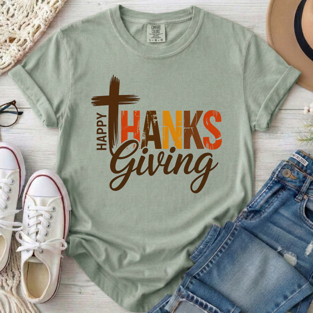 Happy Thanksgiving Christian Comfort Colors T-Shirt in Bay