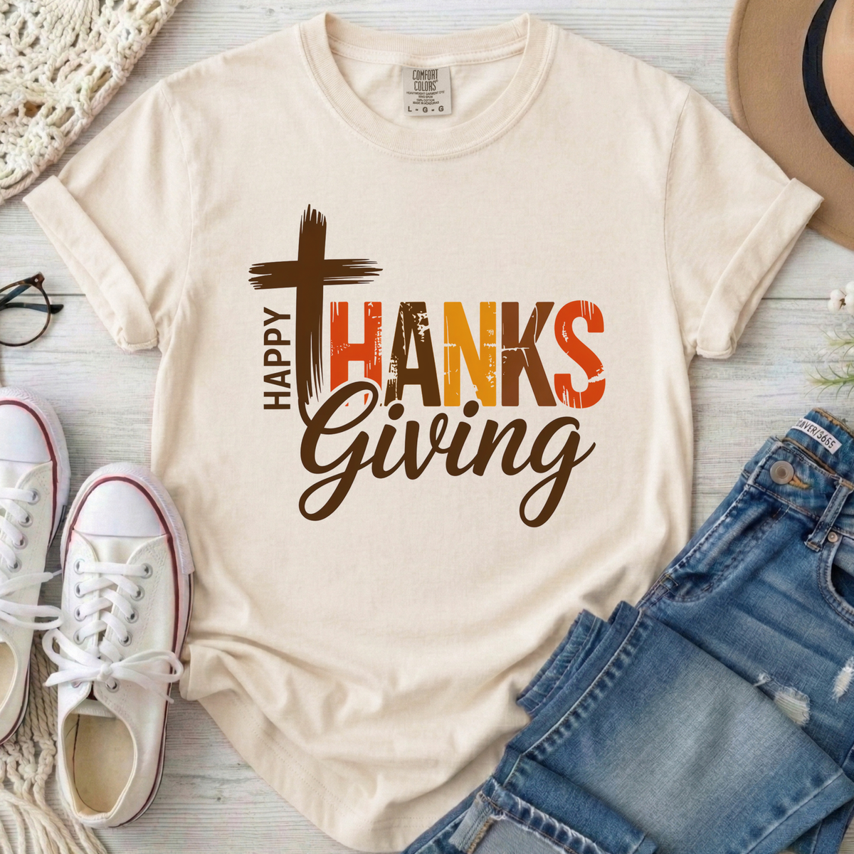 Happy Thanksgiving Christian Comfort Colors T-Shirt in Ivory