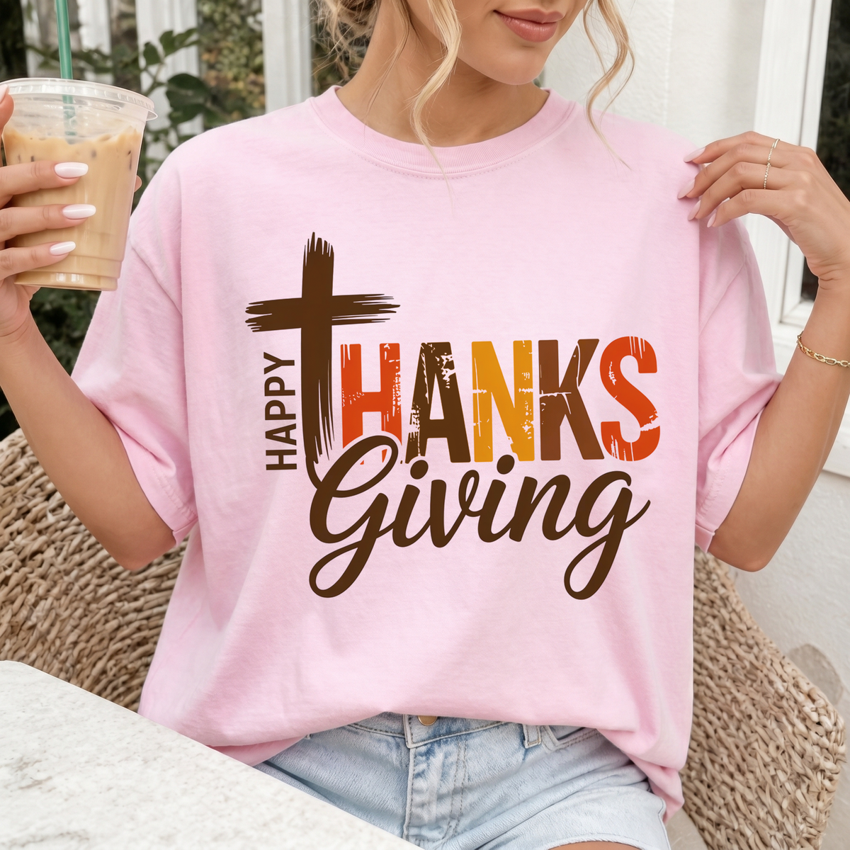 Woman wearing Happy Thanksgiving Christian Comfort Colors T-Shirt in Blossom