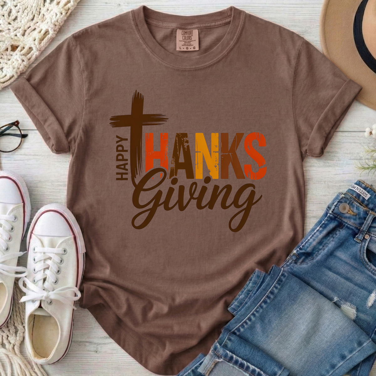 Happy Thanksgiving Christian Comfort Colors T-Shirt in Espresso