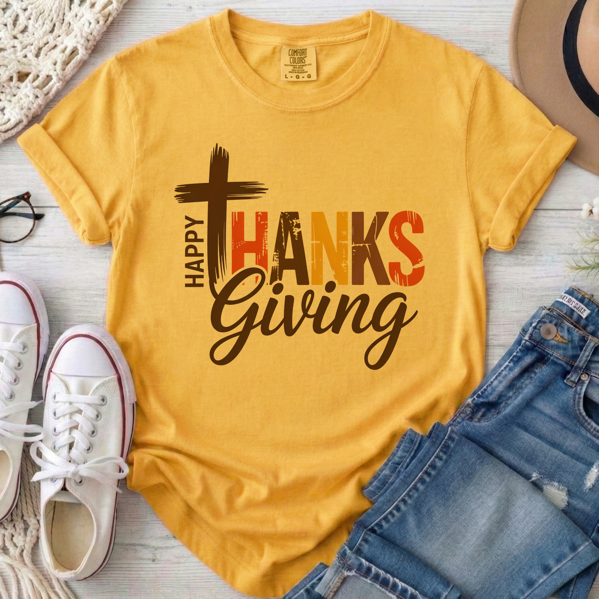 Happy Thanksgiving Christian Comfort Colors T-Shirt in Mustard