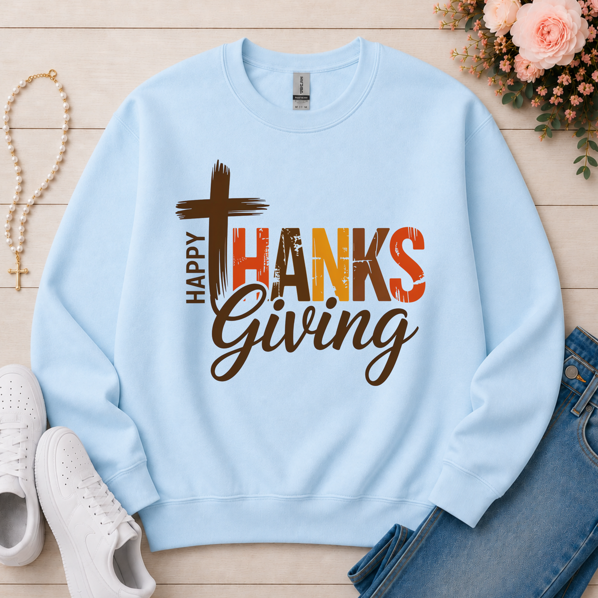Happy Thanksgiving Christian Crewneck Sweatshirt in Light Blue