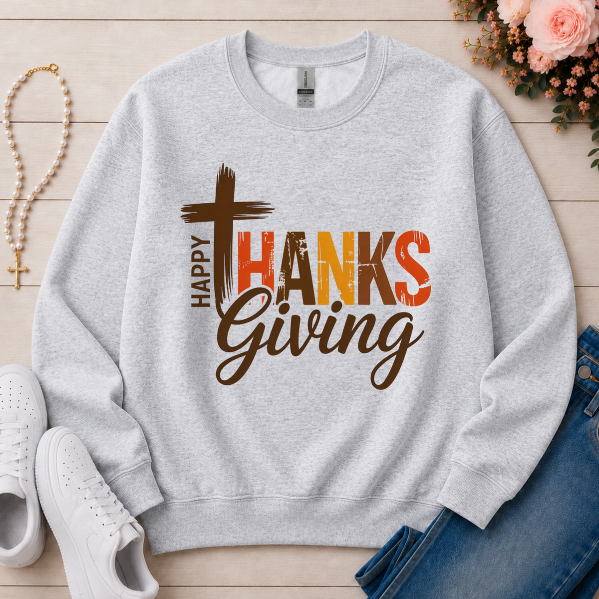 Happy Thanksgiving Christian Crewneck Sweatshirt in Ash