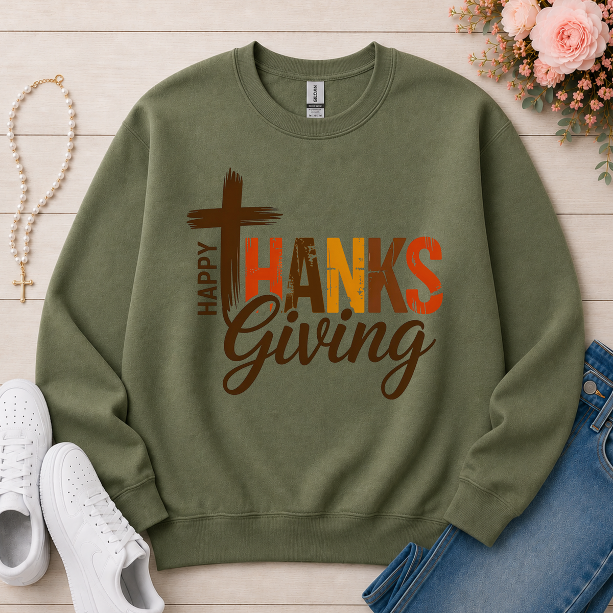 Happy Thanksgiving Christian Crewneck Sweatshirt in Military Green