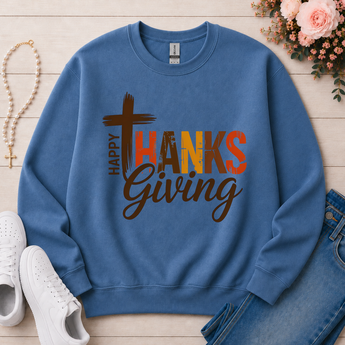 Happy Thanksgiving Christian Crewneck Sweatshirt in Indigo Blue