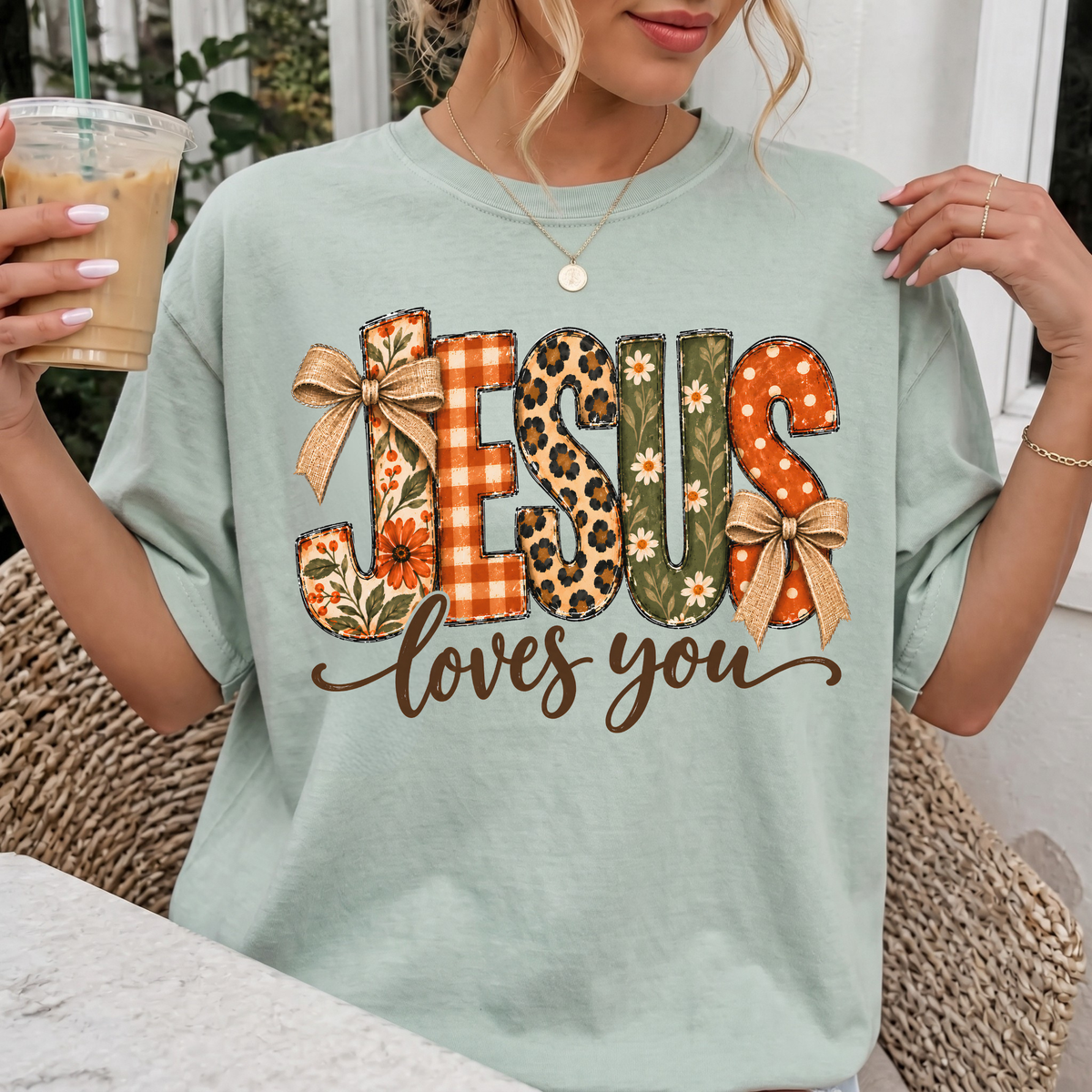 Woman wearing Jesus Loves You Christian Comfort Colors T-Shirt in Bay