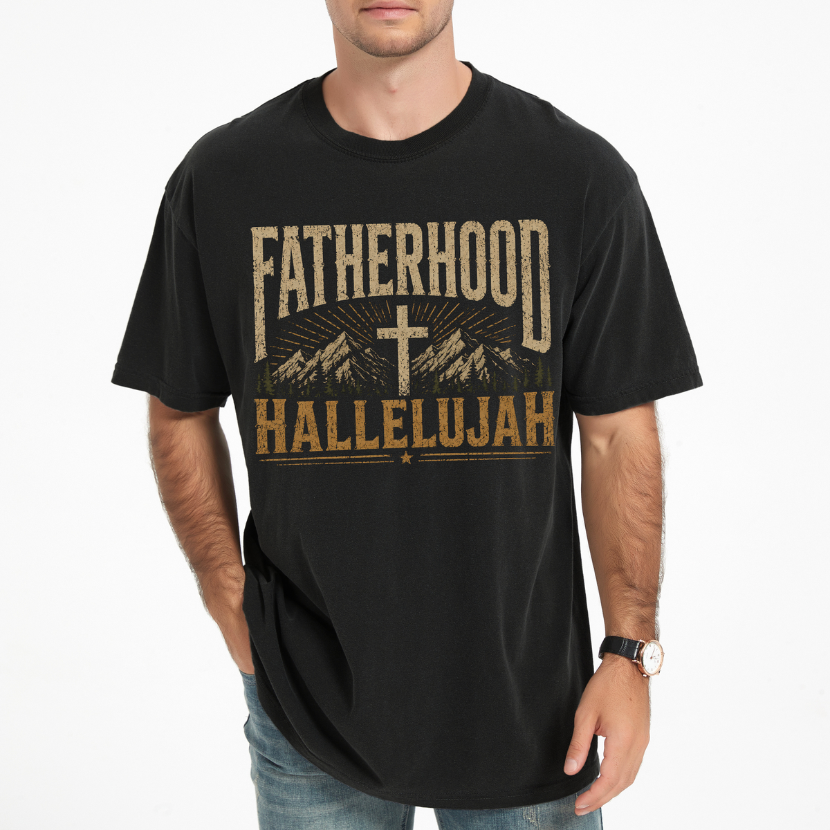 Man wearing Fatherhood Hallelujah Christian Comfort Colors T-Shirt in Black