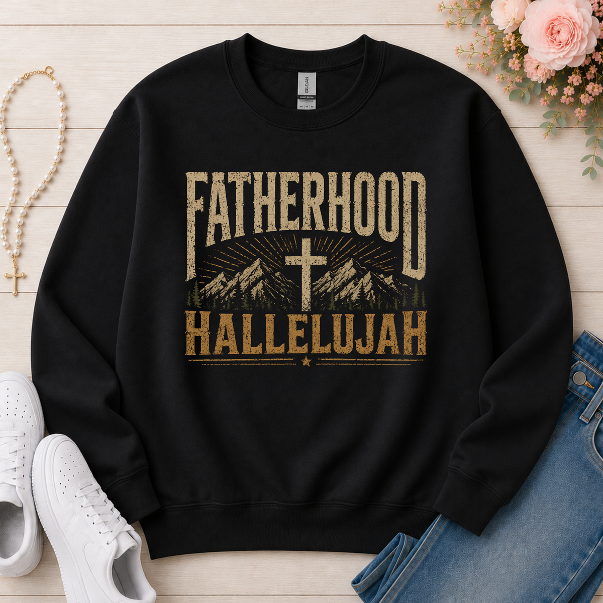 Fatherhood Hallelujah Christian Crewneck Sweatshirt in Black