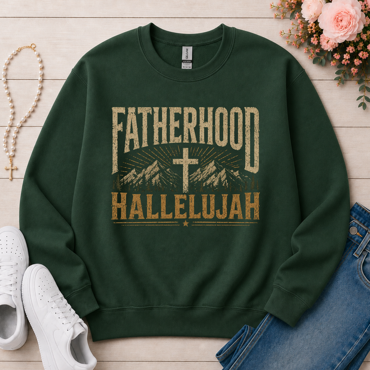 Fatherhood Hallelujah Christian Crewneck Sweatshirt in Forest Green