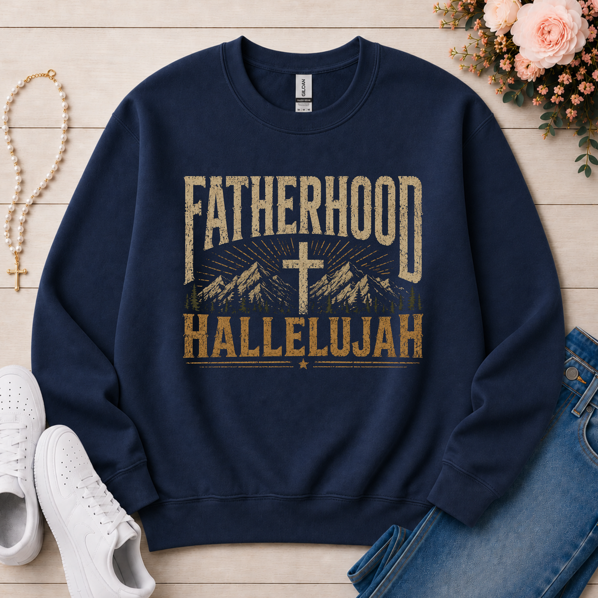 Fatherhood Hallelujah Christian Crewneck Sweatshirt in Navy