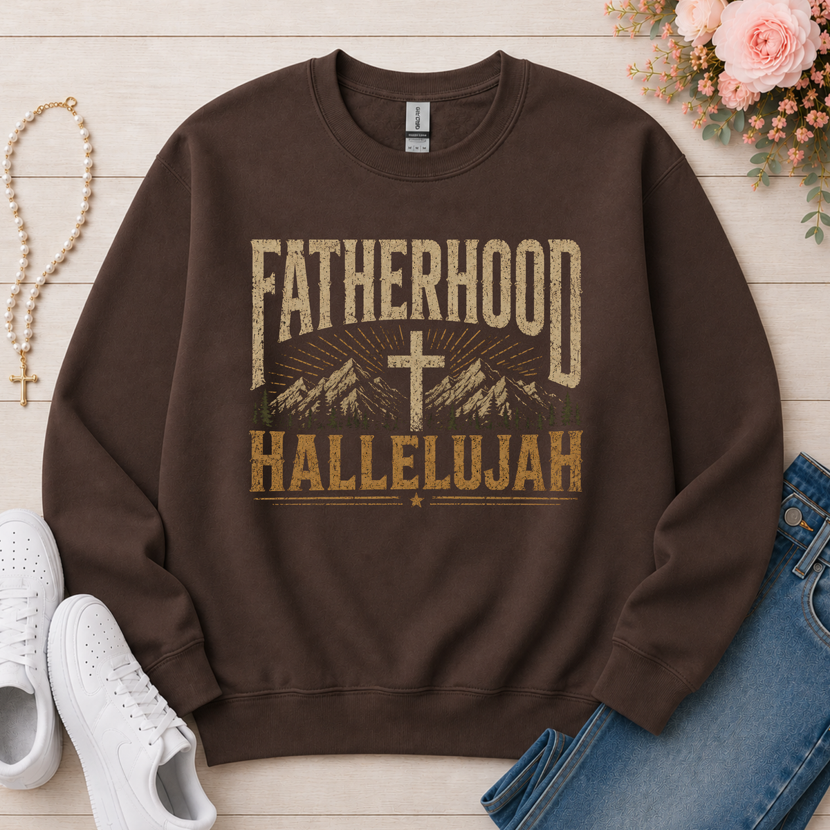 Fatherhood Hallelujah Christian Crewneck Sweatshirt in Dark Chocolate