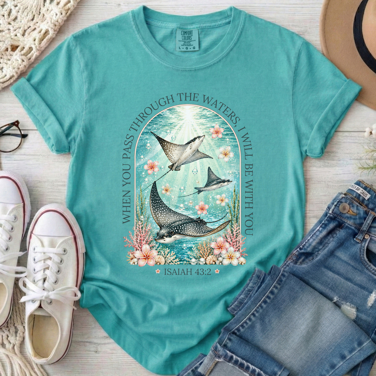 When You Pass Through the Waters Christian Comfort Colors T-Shirt in Seafoam