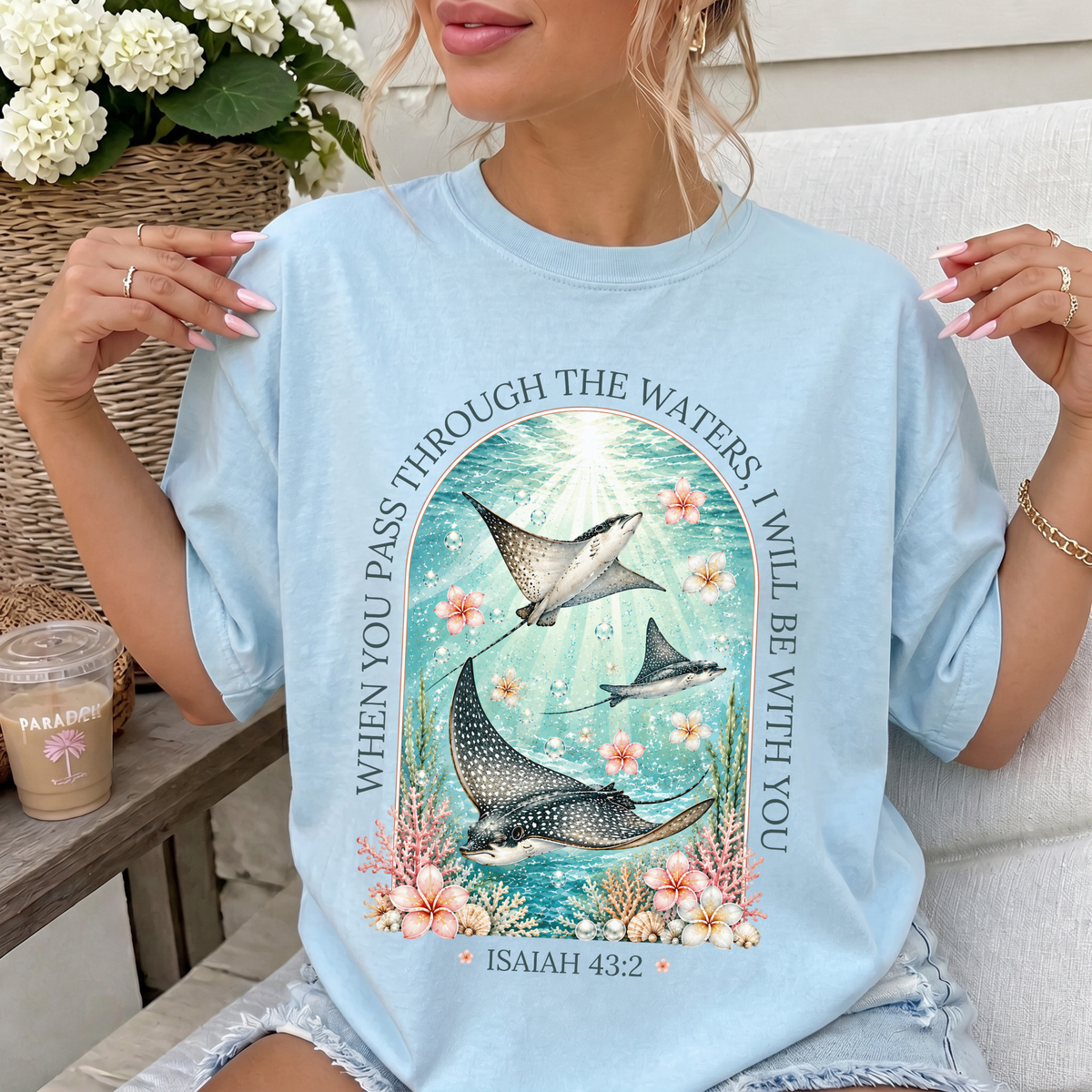 Woman wearing When You Pass Through the Waters Christian Comfort Colors T-Shirt in Chambray