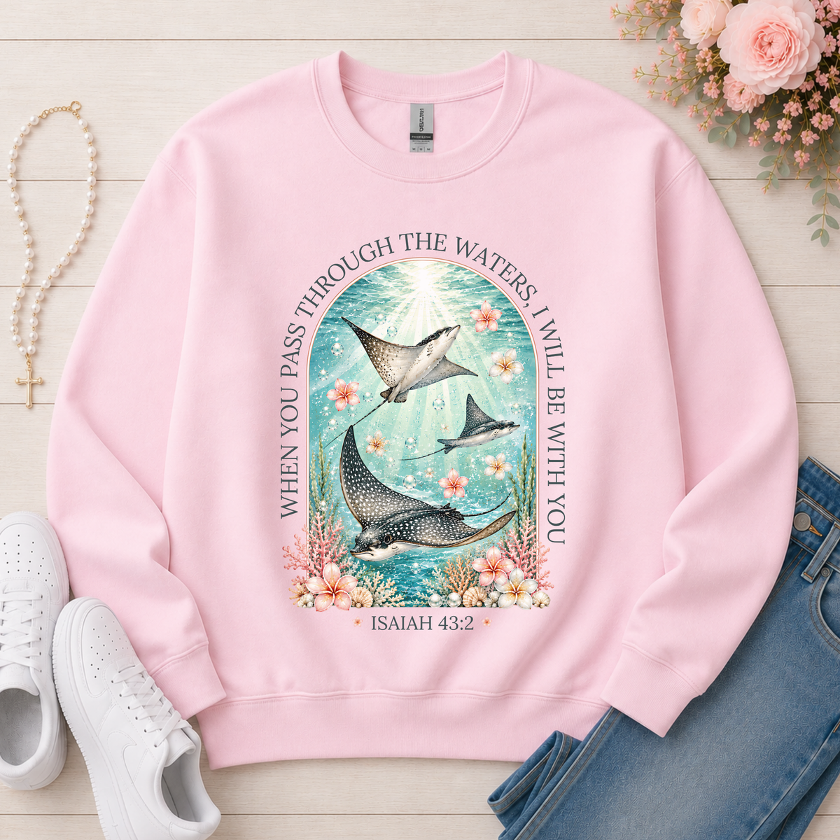 When You Pass Through the Waters Christian Crewneck Sweatshirt in Light Pink