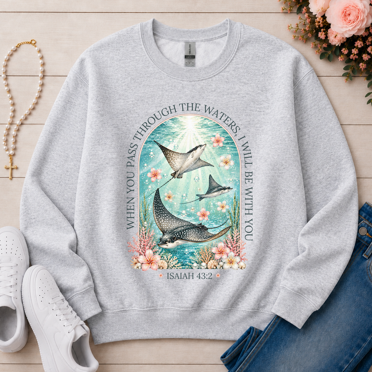 When You Pass Through the Waters Christian Crewneck Sweatshirt in Ash