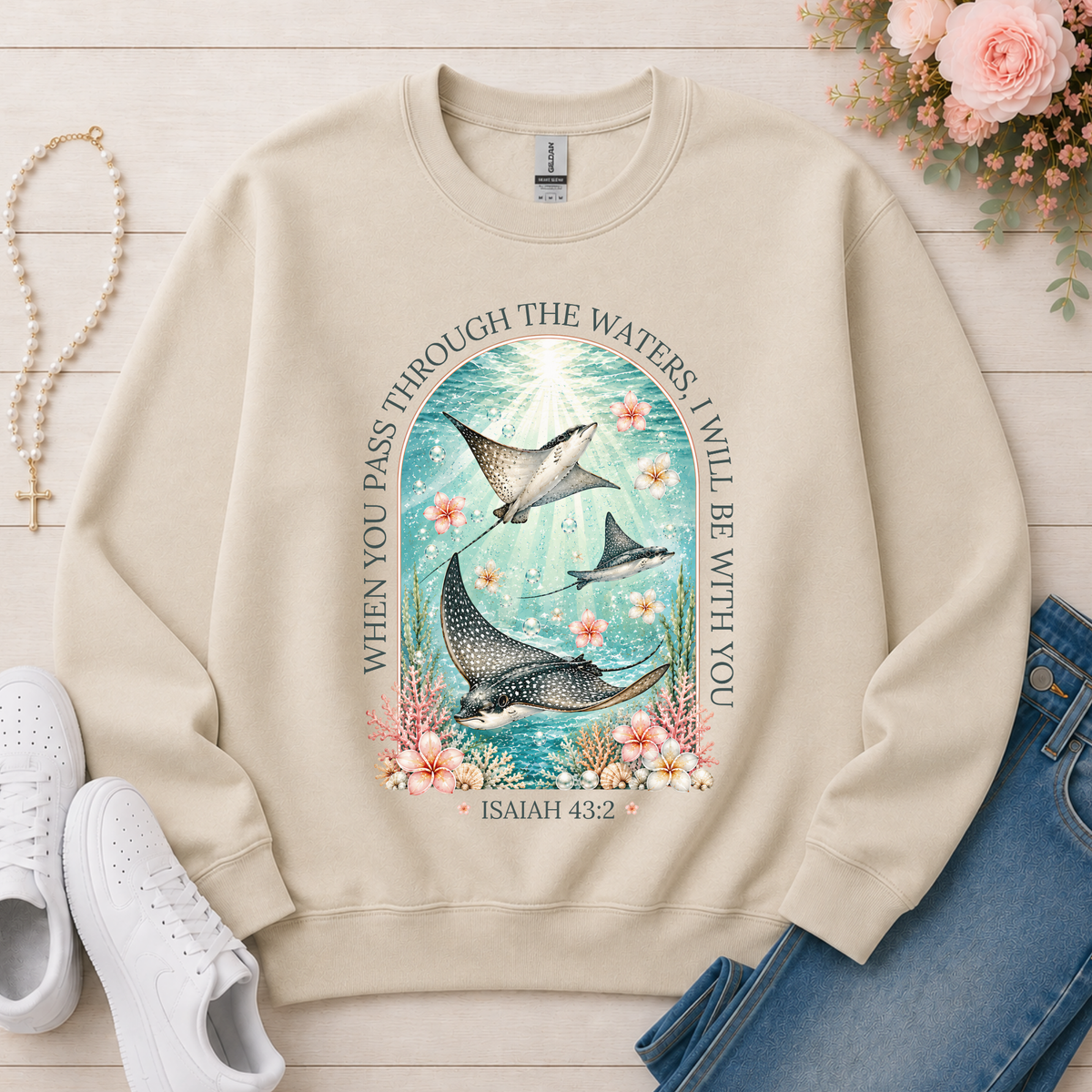 When You Pass Through the Waters Christian Crewneck Sweatshirt in Sand