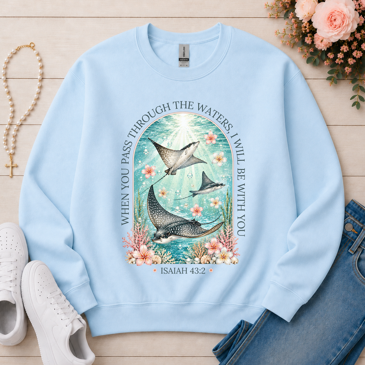 When You Pass Through the Waters Christian Crewneck Sweatshirt in Light Blue