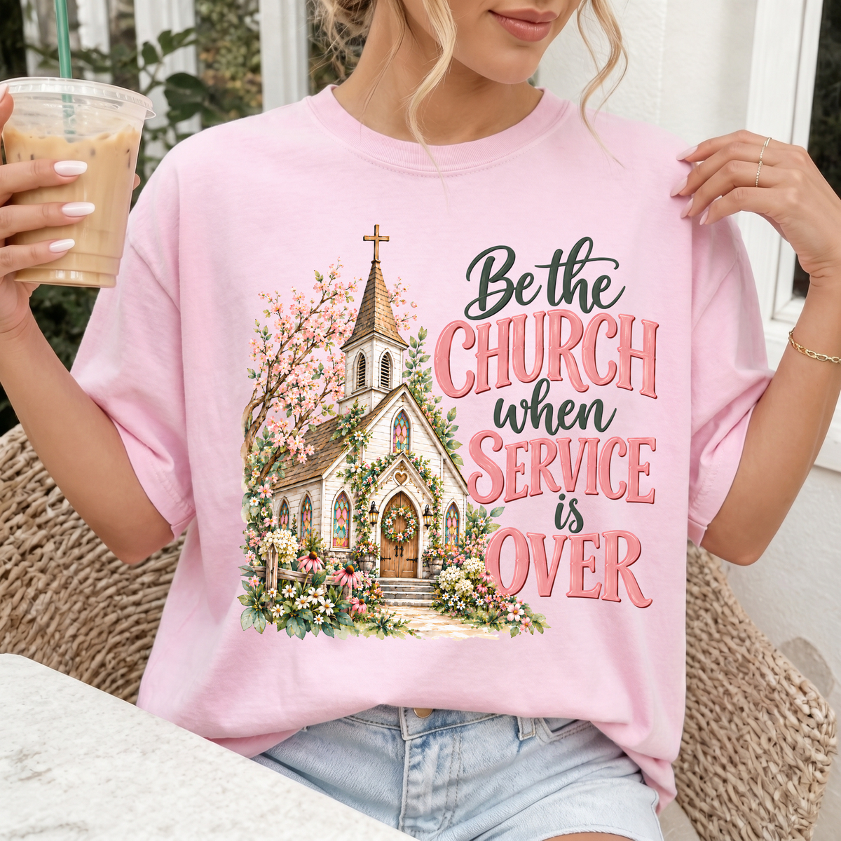 Woman wearing Be the Church Christian Comfort Colors T-Shirt in Blossom