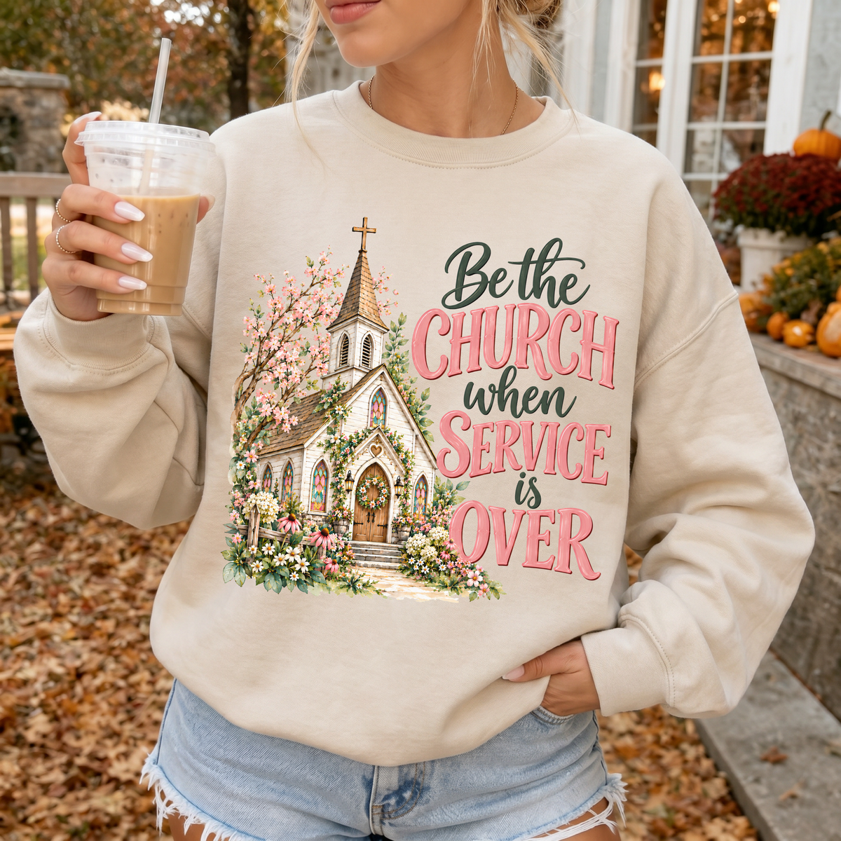 Woman wearing Be the Church Christian Crewneck Sweatshirt in Sand
