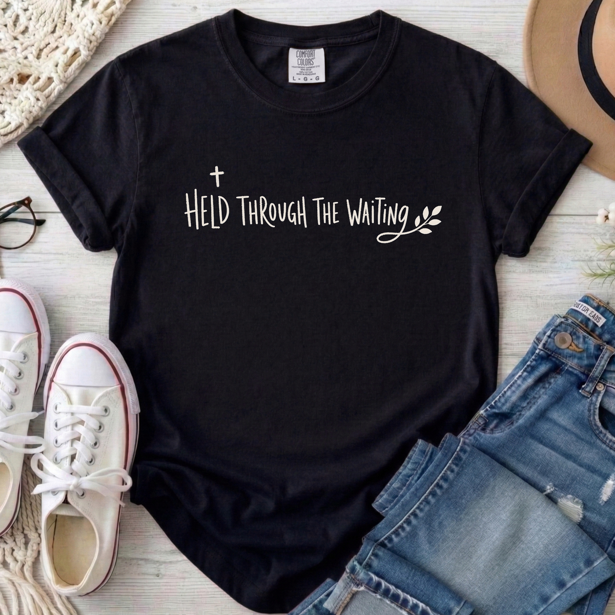 Held Through the Waiting Christian Comfort Colors T-Shirt in Black