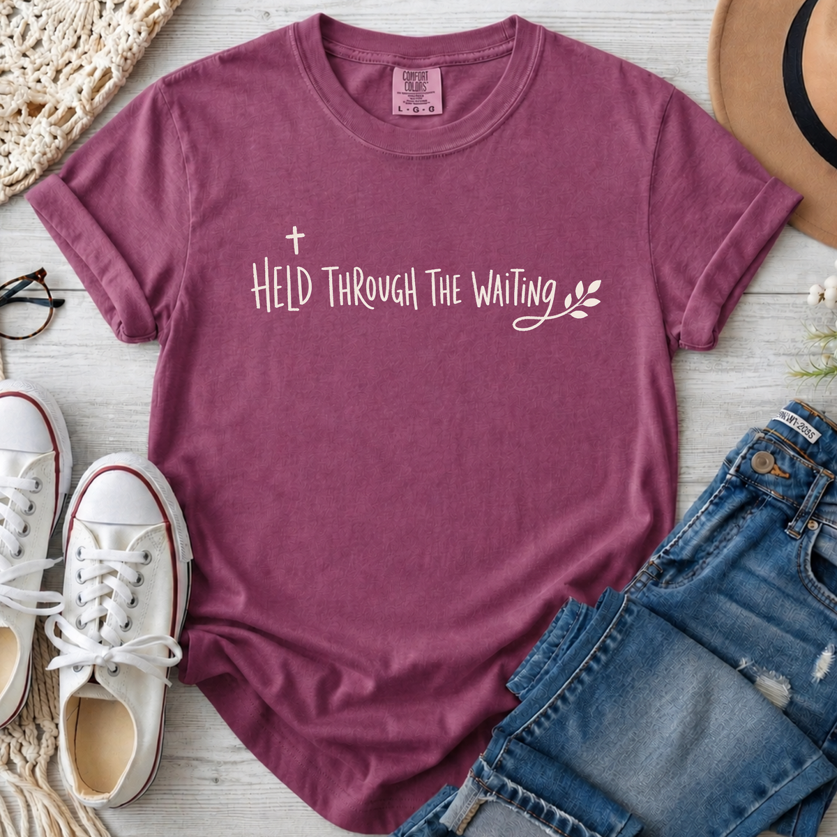 Held Through the Waiting Christian Comfort Colors T-Shirt in Berry