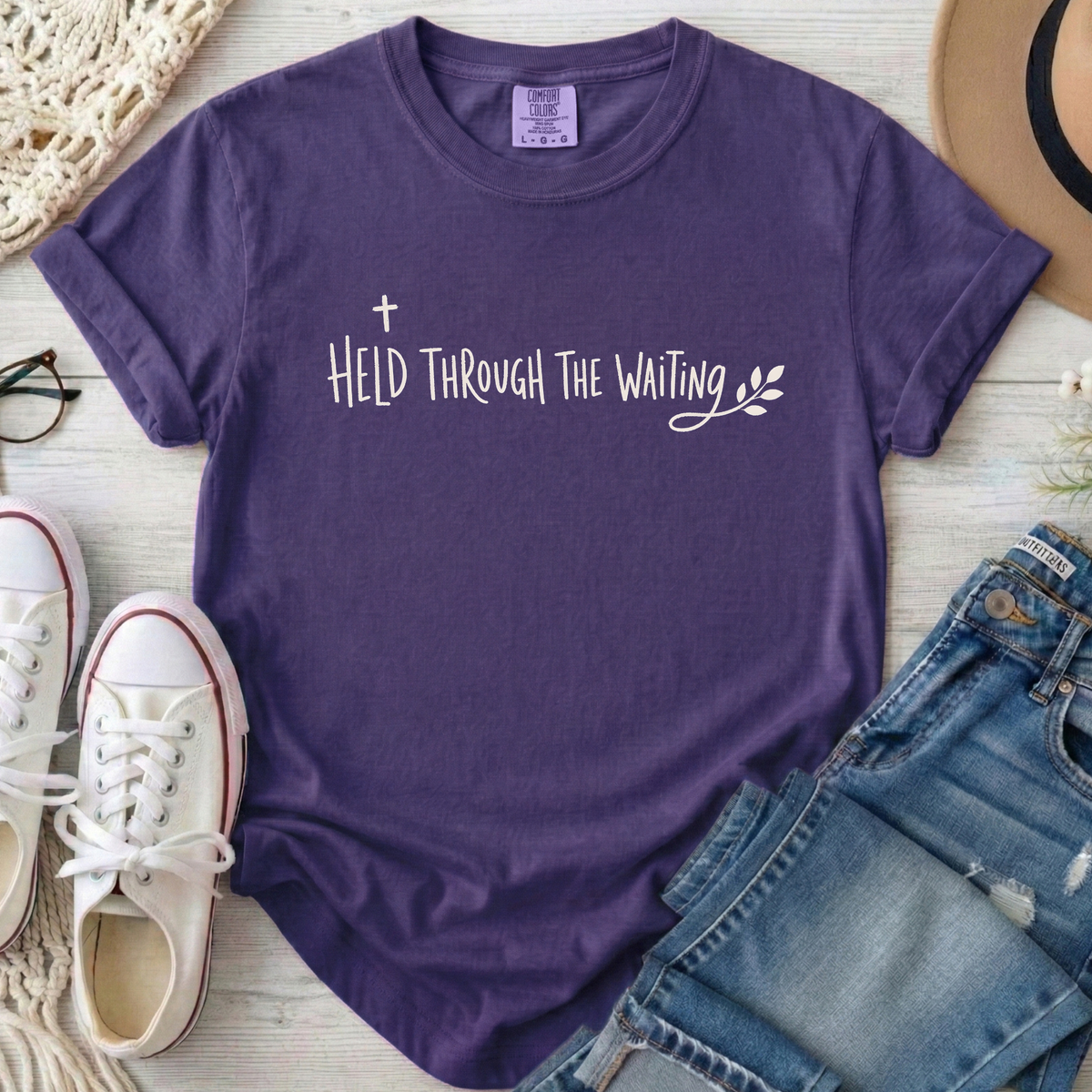 Held Through the Waiting Christian Comfort Colors T-Shirt in Grape