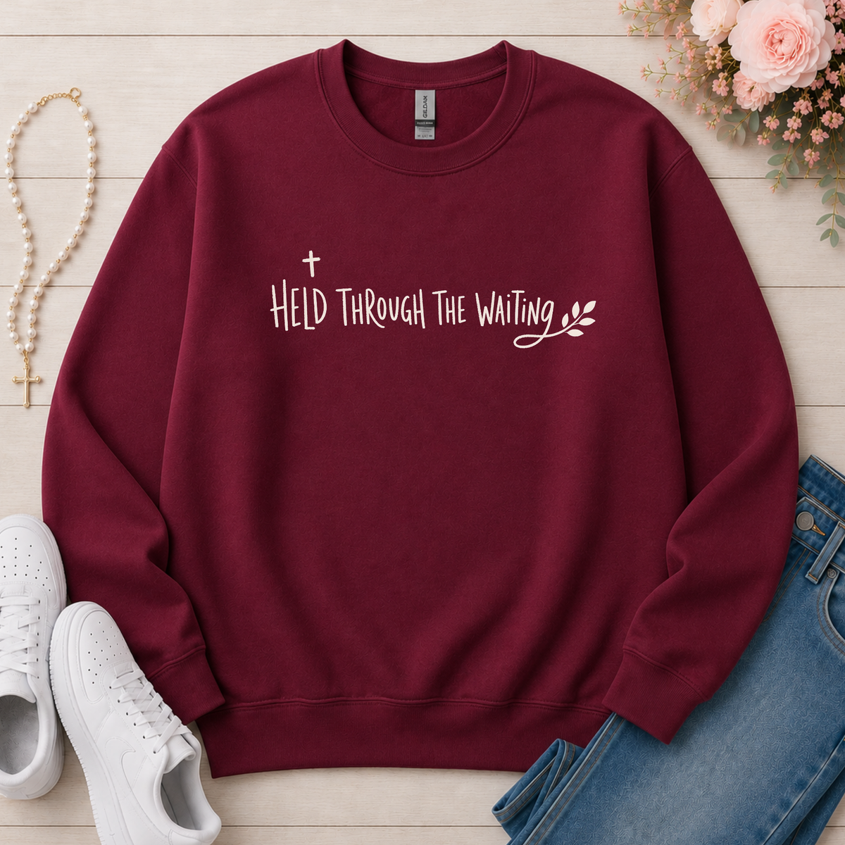 Held Through the Waiting Christian Crewneck Sweatshirt in Maroon