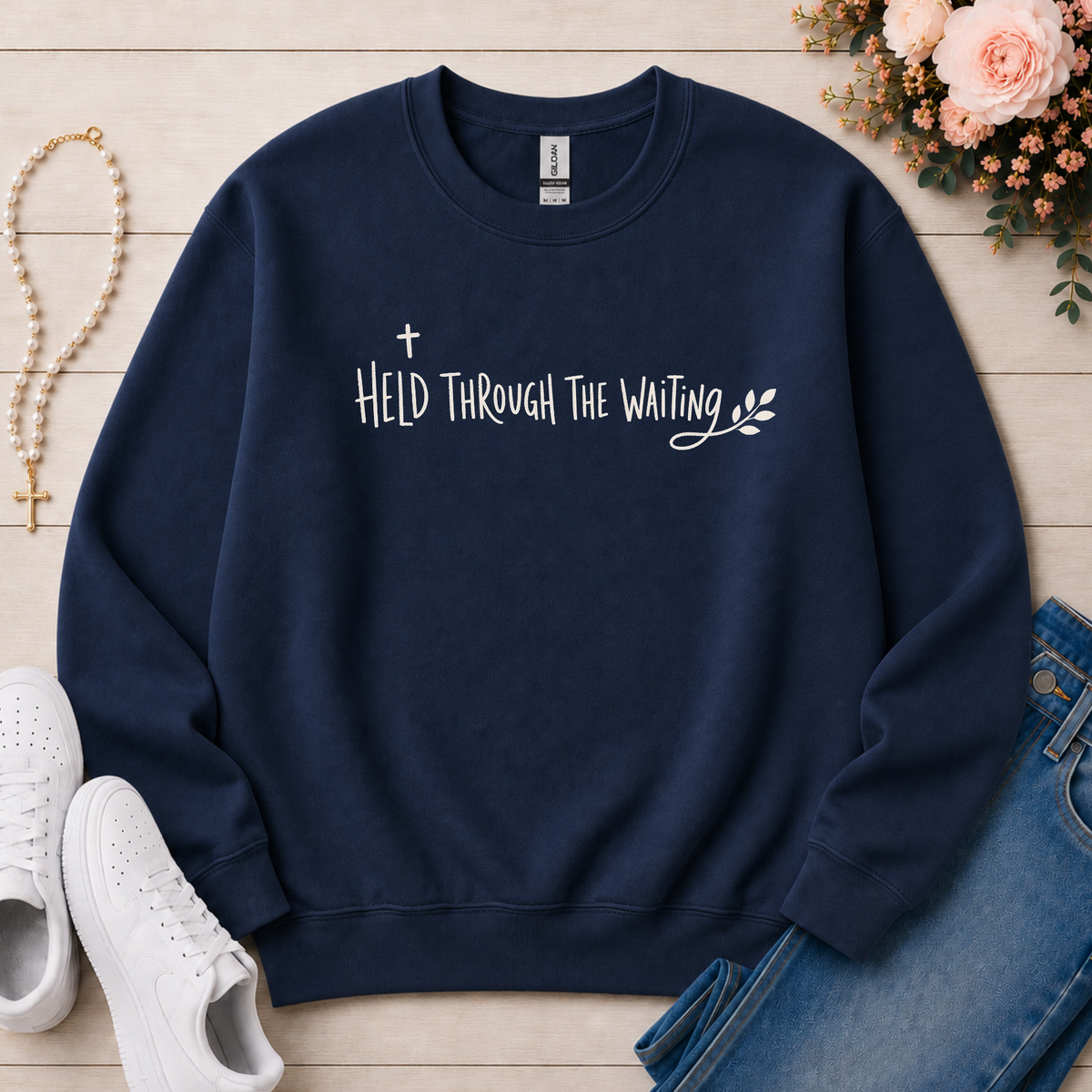Held Through the Waiting Christian Crewneck Sweatshirt in Navy